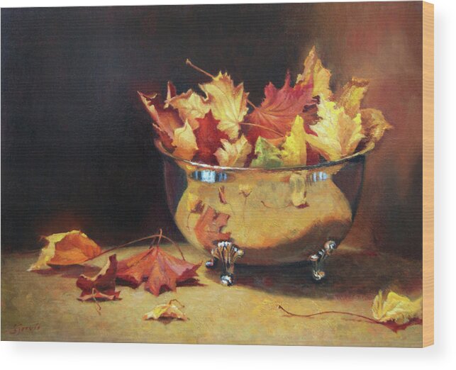 Still Life Wood Print featuring the painting Autumn In A Silver Bowl by Susan N Jarvis