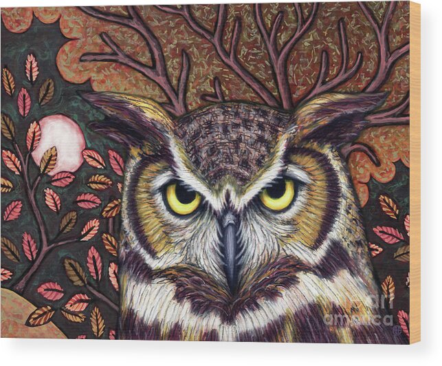 Owl Wood Print featuring the painting Autumn Owl Moon by Amy E Fraser