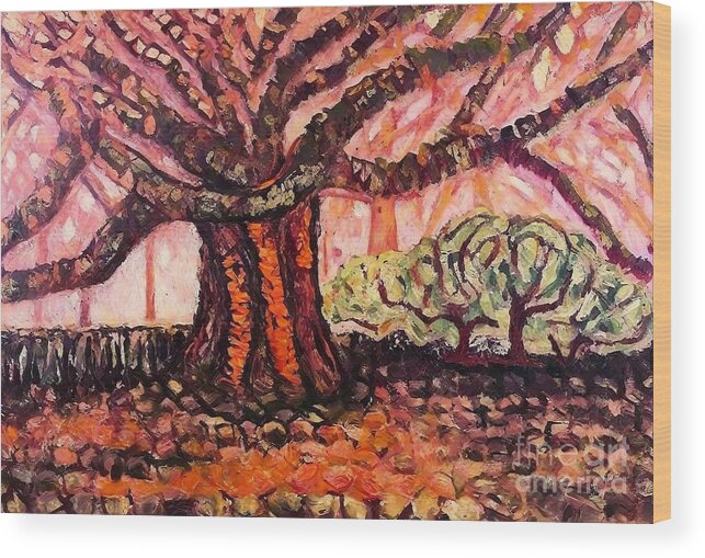 Orange Paintings Wood Print featuring the painting Backyard Tree Painting orange paintings textural paintings impressionistic paintings red paintings tree paintings landscape paintings backyard paintings bark beach branch horizon landscape nature by N Akkash