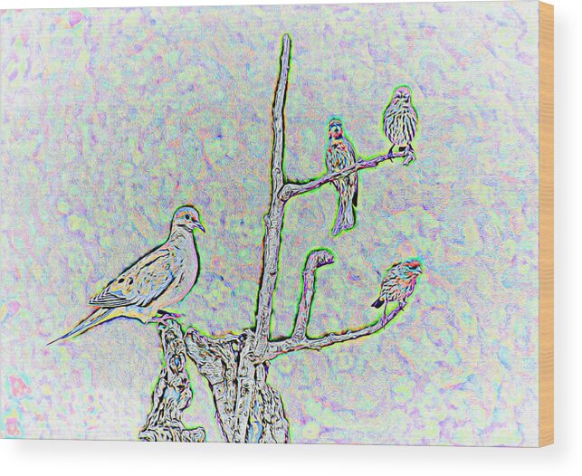 Linda Brody Wood Print featuring the digital art Balance - One Mourning Dove Equals Three House Finches Abstract by Linda Brody
