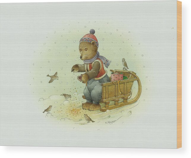 Christmas Wood Print featuring the painting Bear and Birds by Kestutis Kasparavicius