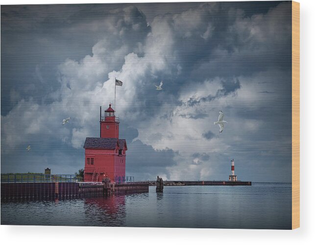 Art Wood Print featuring the photograph Big Red Lighthouse with Large Cloudy Sky and Flying Gulls at Ott by Randall Nyhof