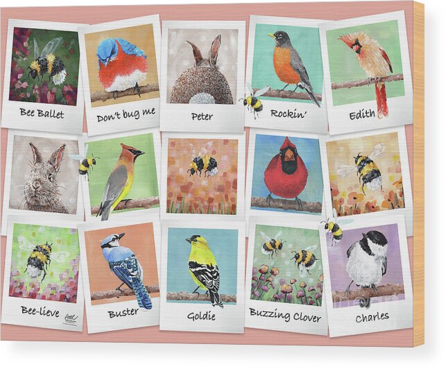 Puzzles Wood Print featuring the painting Birdie Bunch by Annie Troe