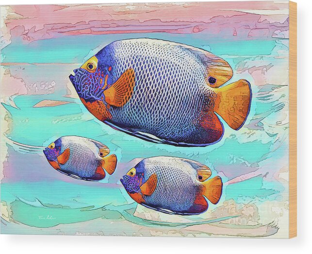 Blue Fish Wood Print featuring the painting Blue Fish Trio by Tina LeCour