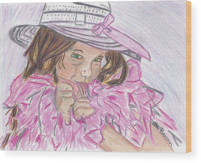Boa Wood Print featuring the drawing Boa Baby Colored Pencil Drawing of a Young Girl wearing a White Hat and Pink Feathery Boa by Ali Baucom