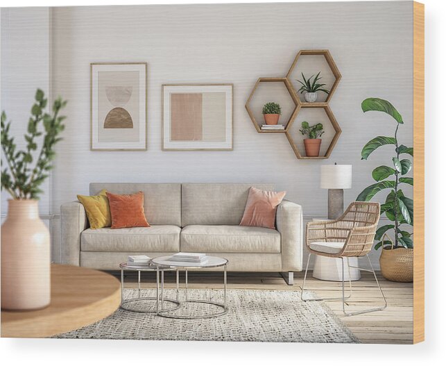 Rug Wood Print featuring the photograph Bohemian living room interior - 3d render by CreativaStudio