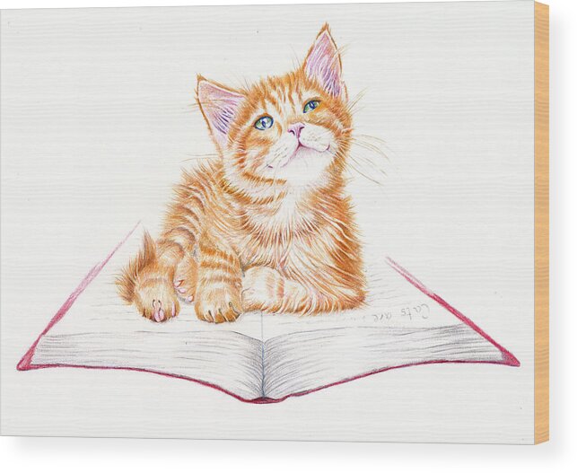 Kitten Wood Print featuring the painting Bookmark - Marmalade Kitten by Debra Hall