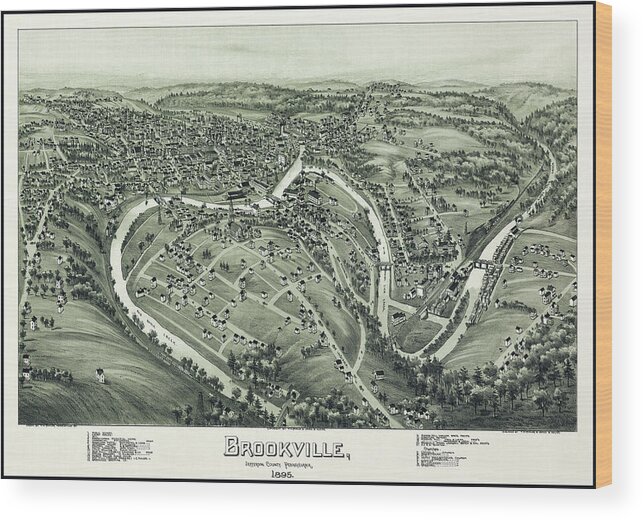 Pennsylvania Map Wood Print featuring the photograph Brookville Pennsylvania Vintage Map Birds Eye View 1895 by Carol Japp