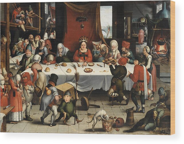 Jan Mandijn Wood Print featuring the painting Burlesque Feast. Oil on oak panel, dated ca. -1550. by Jan Mandijn