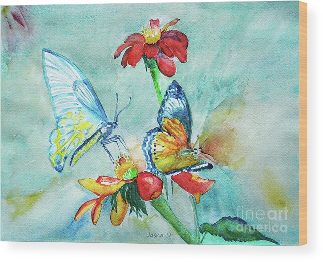 Spring Wood Print featuring the painting Butterfly dance by Jasna Dragun