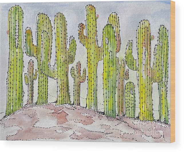 Watercolor Wood Print featuring the painting Cactus Town Clan by Carrie Godwin