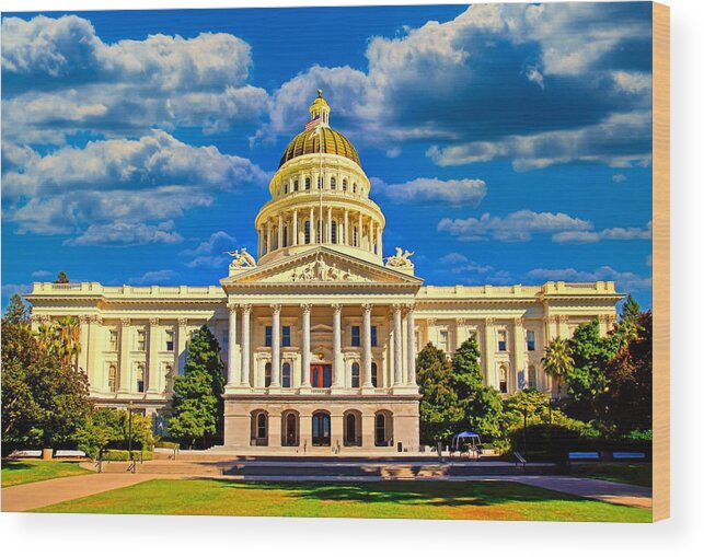 California State Capitol Wood Print featuring the digital art California State Capitol in Sacramento - digital painting by Nicko Prints