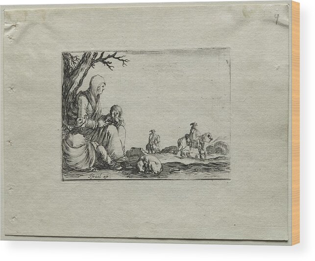 Antique Wood Print featuring the painting Caprices Seated Beggar Woman with Two Children c. 1642 Stefano Della Bella by MotionAge Designs