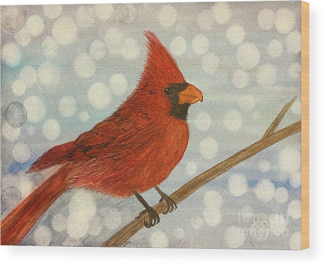 Cardinal Wood Print featuring the painting Cardinal in Snow by Lisa Neuman