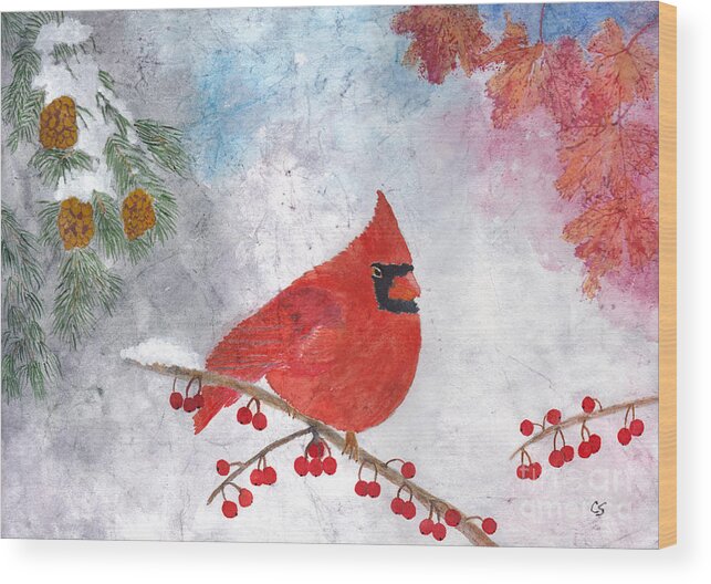Cardinal Wood Print featuring the painting Cardinal with red berries and pine cones by Conni Schaftenaar