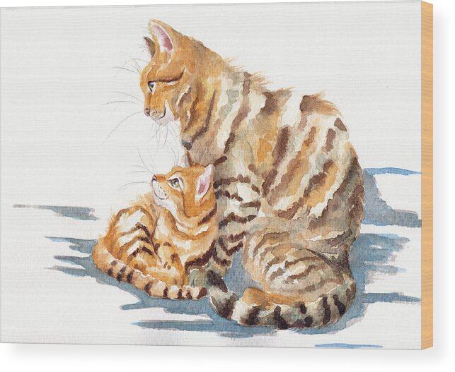 Cat Wood Print featuring the painting Cat and Kitten - We Are Family by Debra Hall