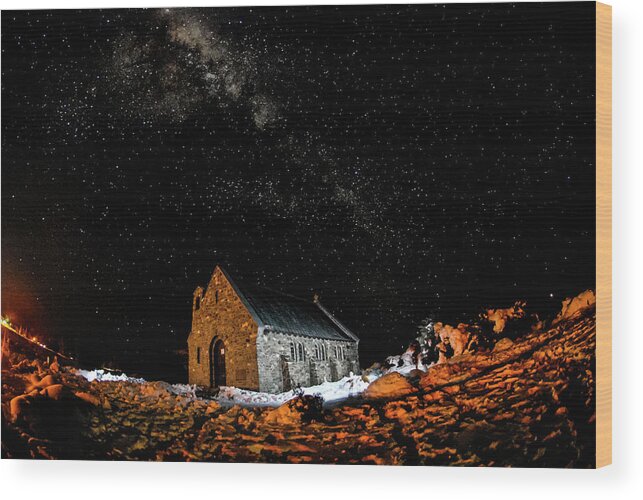 Milky Way Wood Print featuring the photograph Chapel - Church of Good Shepherd, South Island, New Zealand by Earth And Spirit