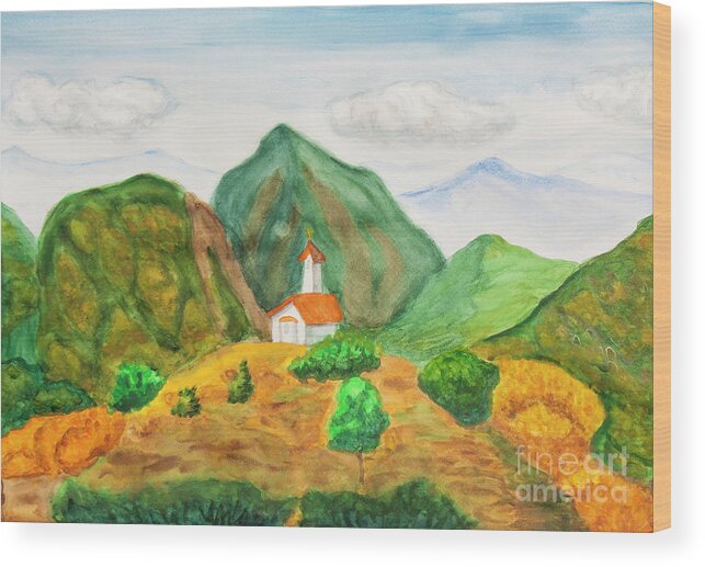 Mountain Wood Print featuring the painting Chapel in mountains, watercolor painting. by Irina Afonskaya