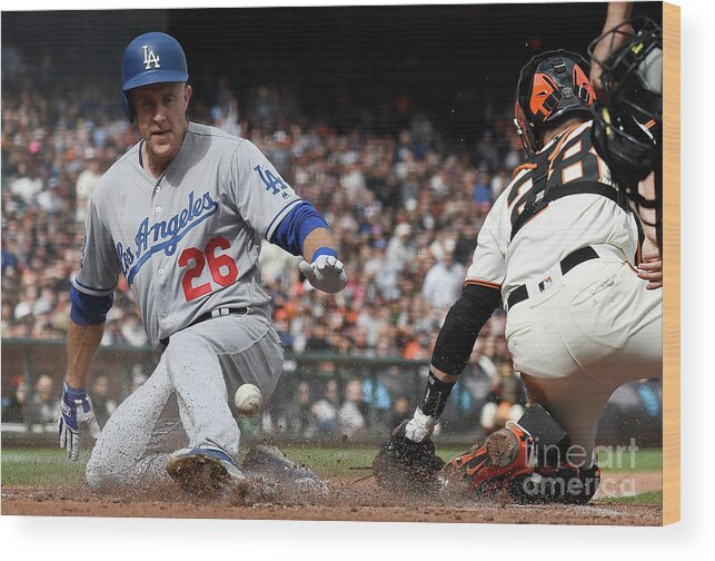 San Francisco Wood Print featuring the photograph Chase Utley and Buster Posey by Thearon W. Henderson