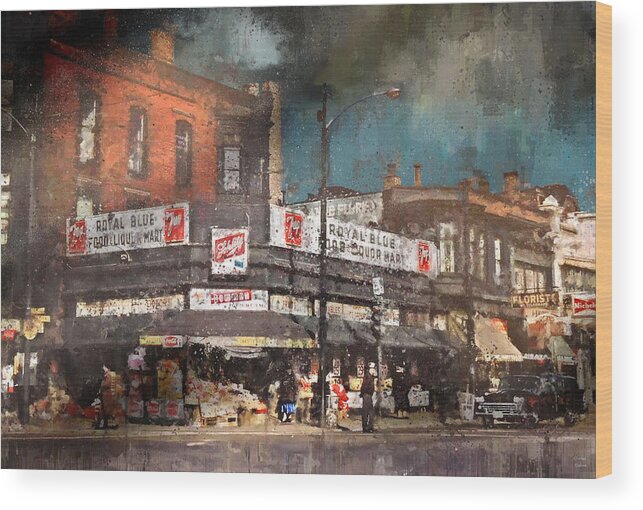 Chicago Wood Print featuring the painting Rain Clearing in Chicago 1958 - Fullerton at Halsted and Lincoln Ave. by Glenn Galen