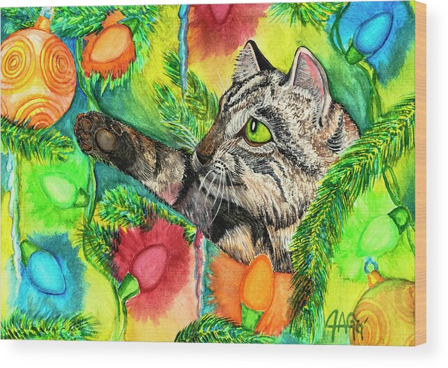 Art Wood Print featuring the painting Christmas Cat 1 by J A George AKA The GYPSY