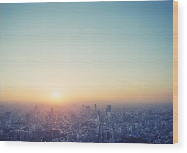 Tranquility Wood Print featuring the photograph Cityscape in Tokyo at sunset elevated view by Yagi Studio