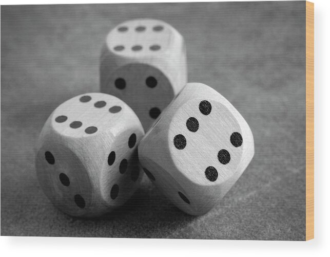 Dice Wood Print featuring the photograph Close Up Of The Dices On Table In Black And White by Severija Kirilovaite