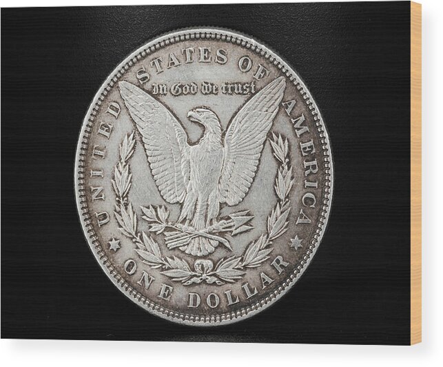 Antique Wood Print featuring the photograph Coin Collecting - 1886 Morgan Dollar Eagle Side by Amelia Pearn
