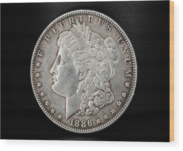 Antique Wood Print featuring the photograph Coin Collecting - 1886 Morgan Dollar Face Side by Amelia Pearn