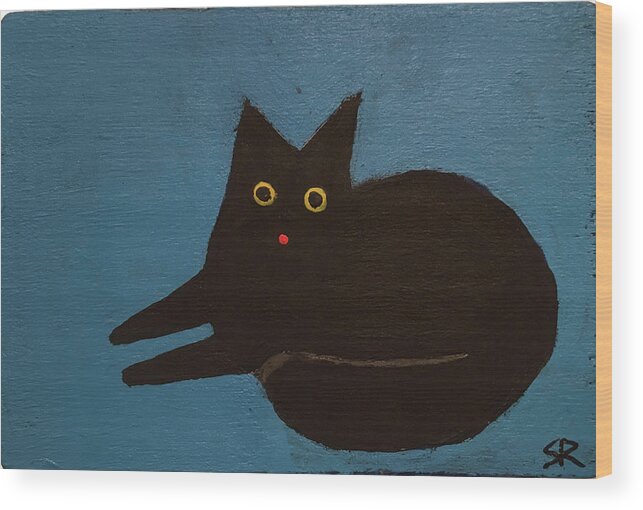 Black Cat Wood Print featuring the painting Comfy Black cat by Sherry Rusinack
