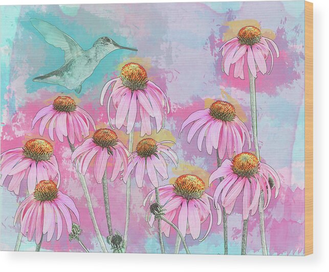 Hummingbird Wood Print featuring the photograph Coneflower Hummingbird Watercolor by Patti Deters