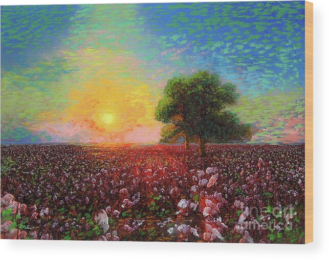 Floral Wood Print featuring the painting Cotton Field Sunset by Jane Small