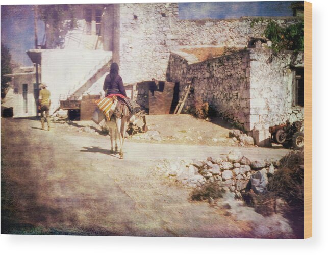 Greece Wood Print featuring the photograph Crete 1972 Woman on Donkey by Frank Lee