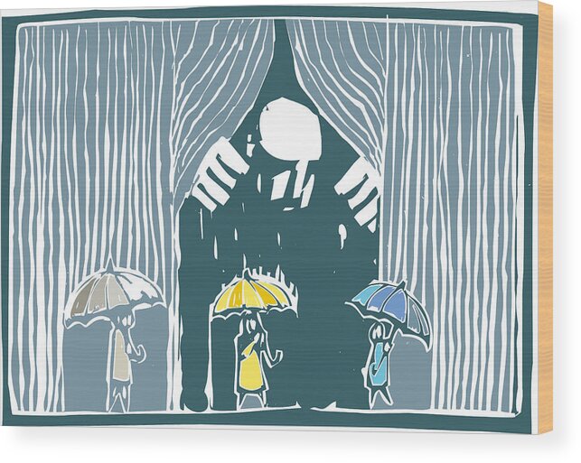Curious Wood Print featuring the drawing Curtain of Rain Color by Jeffrey Thompson