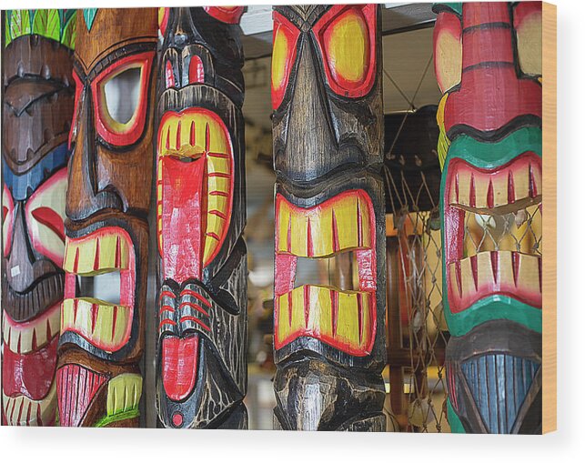 Tiki Mask Wood Print featuring the photograph Decorative Tiki Masks by Dart Humeston