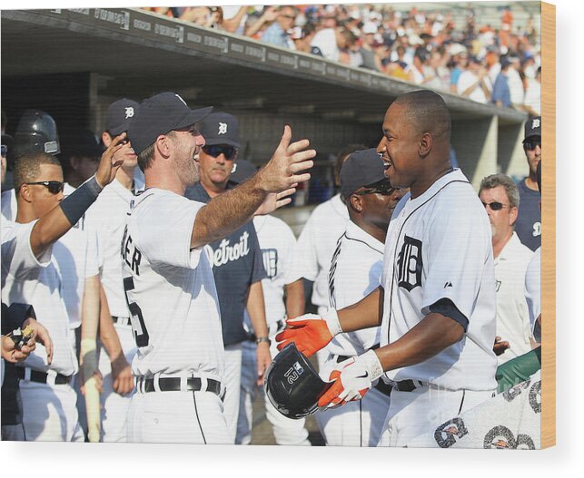 American League Baseball Wood Print featuring the photograph Delmon Young, Justin Verlander, and Miguel Cabrera by Leon Halip
