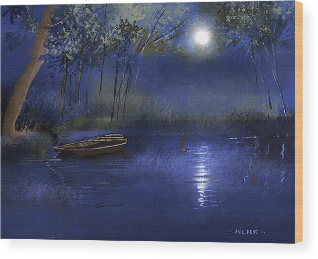 Moon Wood Print featuring the digital art Dream Lake 2 by Anil Nene