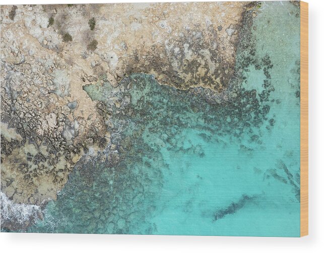 Rocky Beach Wood Print featuring the photograph Drone aerial of rocky sea coast with transparent turquoise water. Seascape top view by Michalakis Ppalis