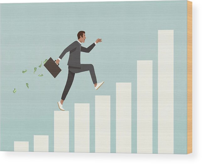 People Wood Print featuring the drawing Eager businessman with briefcase of money running up ascending bar graph by Malte Mueller
