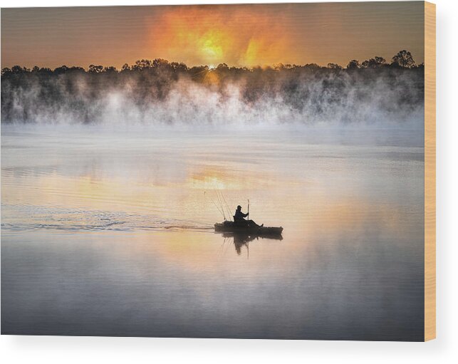 Lake Lamar Bruce Wood Print featuring the photograph Morning Mist Kayak Fisherman Sunrise Lake Mississippi by Jordan Hill