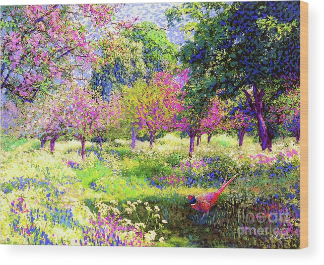 Floral Wood Print featuring the painting Echoes from Heaven, Spring Orchard Blossom and Pheasant by Jane Small