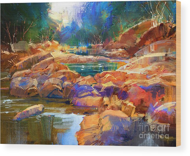 Abstract Wood Print featuring the painting Enchanted Creek by Tithi Luadthong