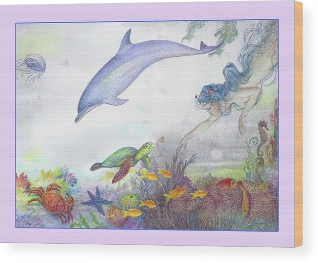 Mermaid Wood Print featuring the painting Enchanting Mermaid and Dolphin by Judith Cheng