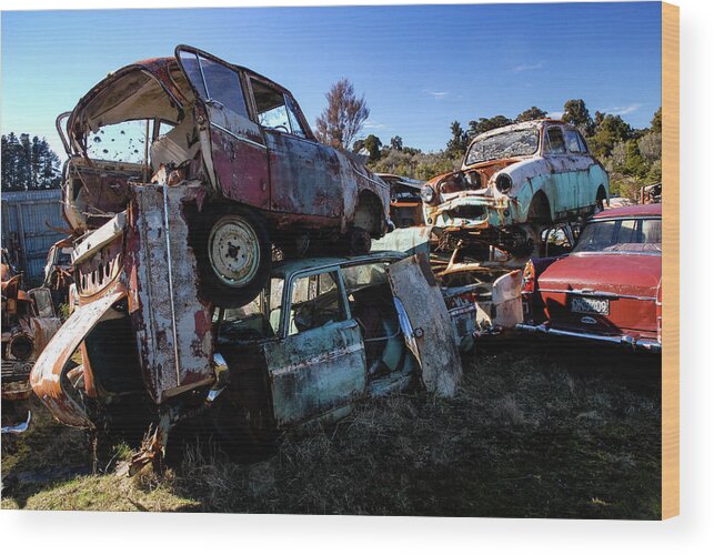 Wrecking Yard Wood Print featuring the photograph The Junkyard Kings - Smash Palace. North Island, New Zealand by Earth And Spirit
