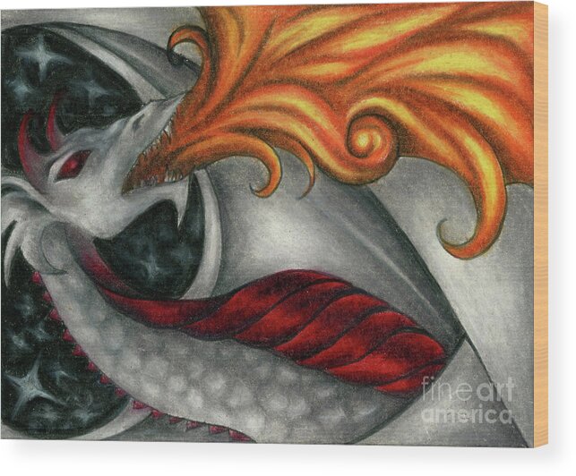Dragon Wood Print featuring the drawing Fire Dragon by Kristin Aquariann
