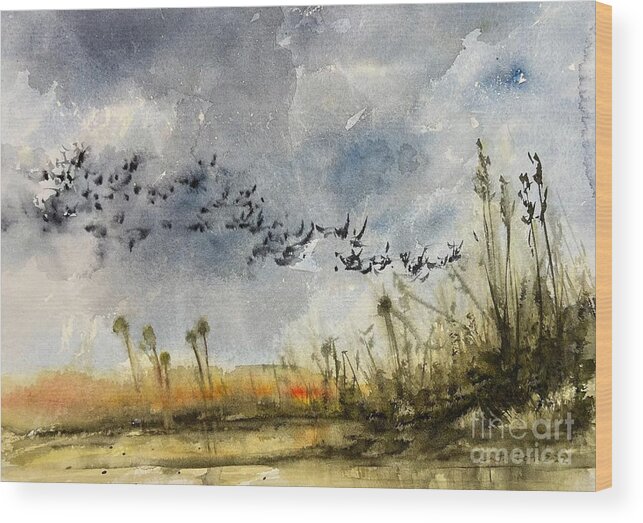 Watercolor Landscapes; Florida Wetlands; Wetlands With Palm Trees; Beach Paintings; Southern Usa Watercolor Landscape Paintings Wood Print featuring the painting Flight over wetlands 2-12-2022 by Julianne Felton
