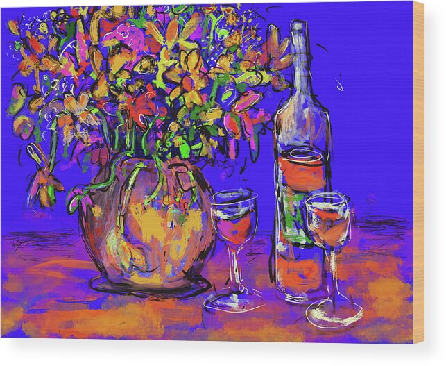Blue Wood Print featuring the digital art Flowers and wine by Jeremy Holton