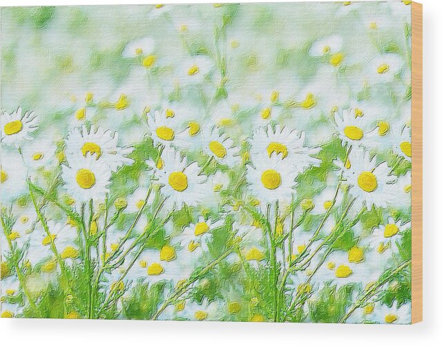 Daisy Wood Print featuring the painting Flowers In Field Floral Landscape Detail Green by Tony Rubino