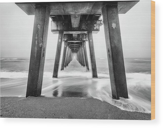 Black & White Wood Print featuring the photograph Foggy Venice Fishing Pier BW by Rudy Wilms