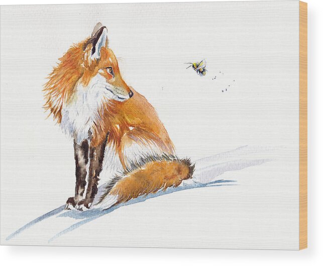 Fox Wood Print featuring the painting Fox - Bee-side You by Debra Hall